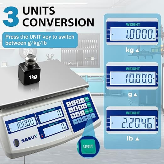Counting Scale (33lb/15kg, 0.1g) lb/kg/g Industrial Digital Inventory Scale with Battery for Small Parts, Coins, Pieces, Tickets