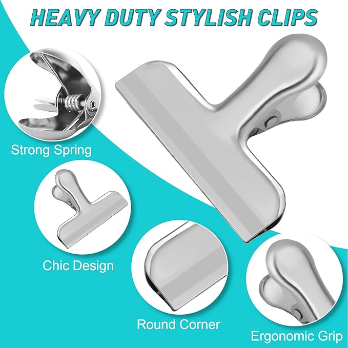 24 Pack 3 Inch Stainless Steel Silver Chip Clips Bag Clips for Food Packages,Large Food Kitchen Clip for Snack,Strong Metal Home&Office Clip for Paper Heavy Duty