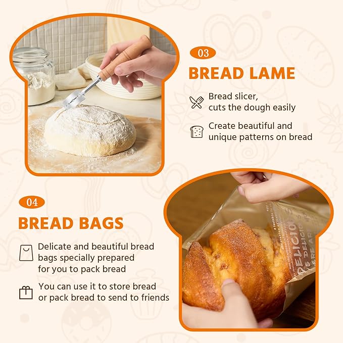 Banneton Bread Proofing Basket, Round 10 Inch Sourdough Starter Kit, Sourdough Bread Baking Supplies with Sourdough Proofing Basket Danish Dough Whisk Scoring Lame Dough Scraper Bread Bag with Sticker