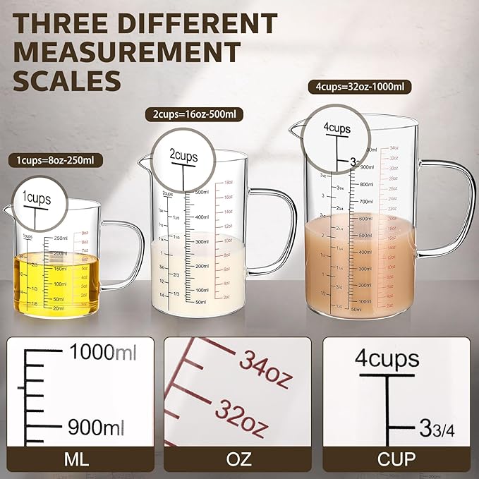 Lallisa 3 Pack High Borosilicate Glass Measuring Cups Set with Handle V Shaped Spout, 4, 2, 1 Cup 3 Scales (Oz, Cup, Ml) for Kitchen Restaurant Baking Cooking, Easy to Read, Clear(Black, Red Scale)