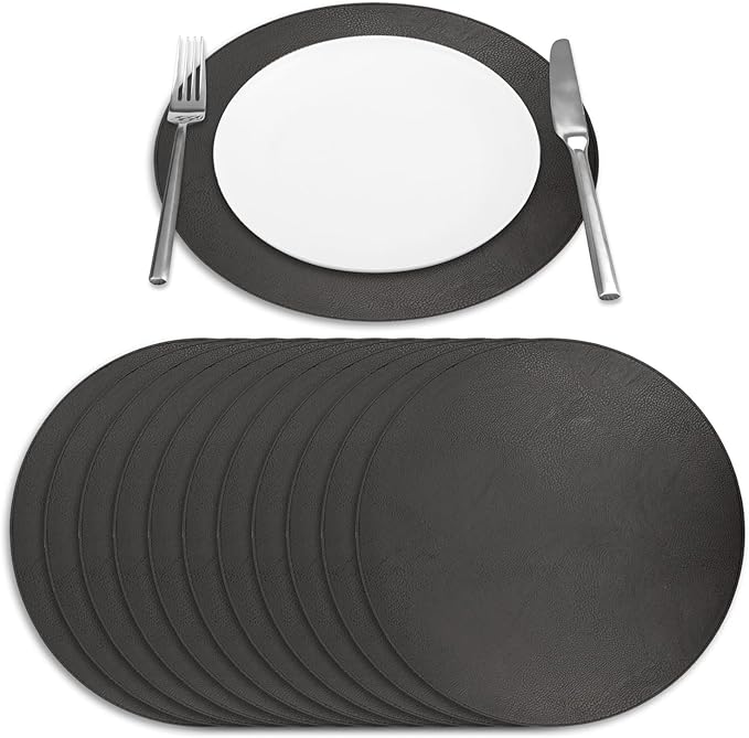 Morgan Faux Leather Round Set of 12 Placemats, 15", Black, Heat Resistant, Stain Resistant, Non-Slip, Reversible, Durable Table Mats for Kitchen, Dining Table, Indoor Washable Use