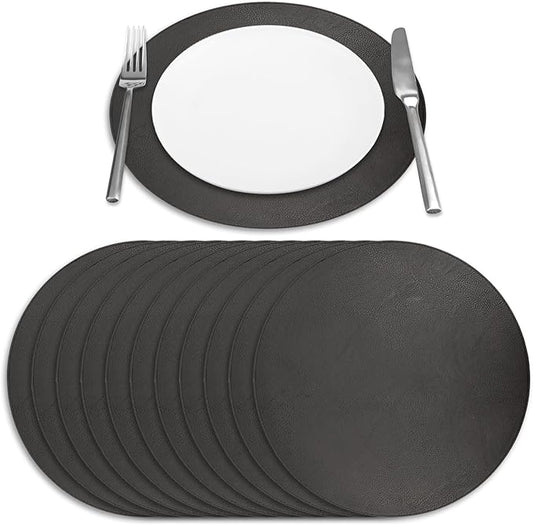 Morgan Faux Leather Round Set of 12 Placemats, 15", Black, Heat Resistant, Stain Resistant, Non-Slip, Reversible, Durable Table Mats for Kitchen, Dining Table, Indoor Washable Use
