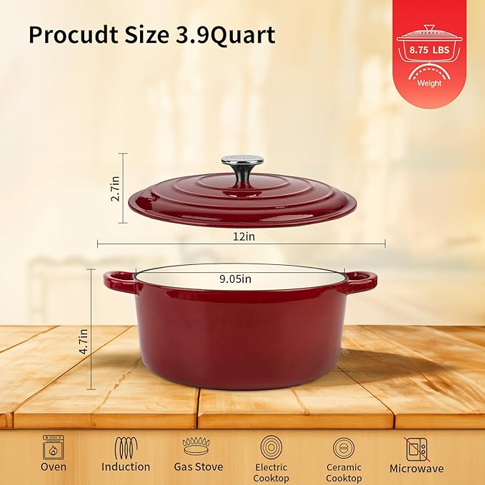 Enameled Cast Iron Dutch Oven Pot with Lid, 3.9 Quart Dutch Oven for Bread Baking, Oven Safe up to 500° F, Suitable for Bread Baking, Braising, Roasting, Stews, Red