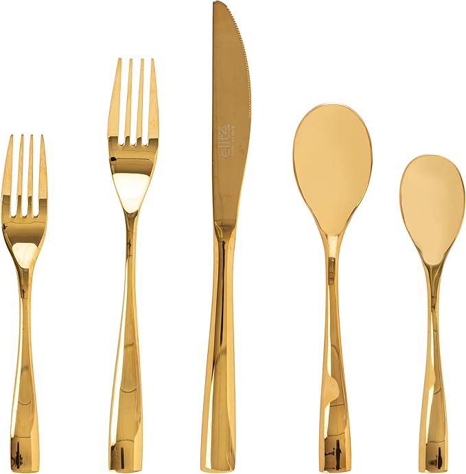 Gibson Elite Holland Road 20-PieceFlatware Silverware Set - Stainless Steel Utensils - Forks, Spoons, Knives - Service for 4 - Gold