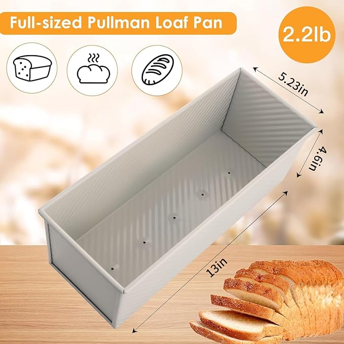 Premium Beige 13-inch Pullman Loaf Pan with Lid, 2.2 lb Sandwich Loaf Pan for Homemade Bread, PFTE and PFOA-Free Non-Stick Rectangle Bread Pan, Safe and Healthy, Easy to Clean