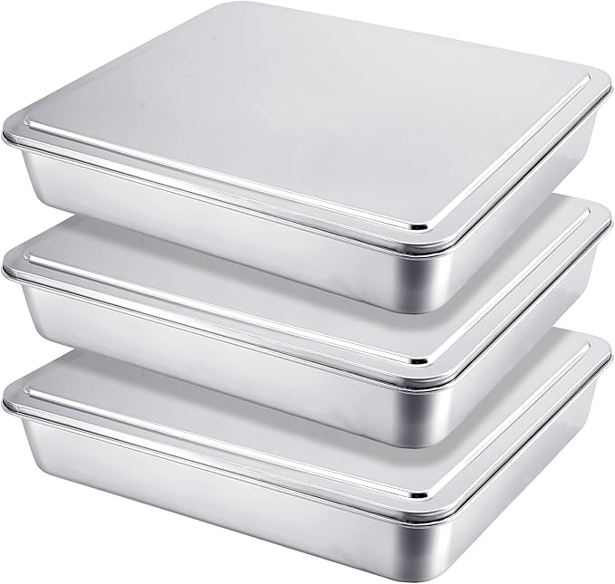 Tioncy 3 Set Stainless Steel Covered Cake Pan with Lid 11 x 9 Inches Rectangle Sheet Baking Pan with Covers Bakeware with Lids for Cakes Breads Casseroles Fish Vegetables and More