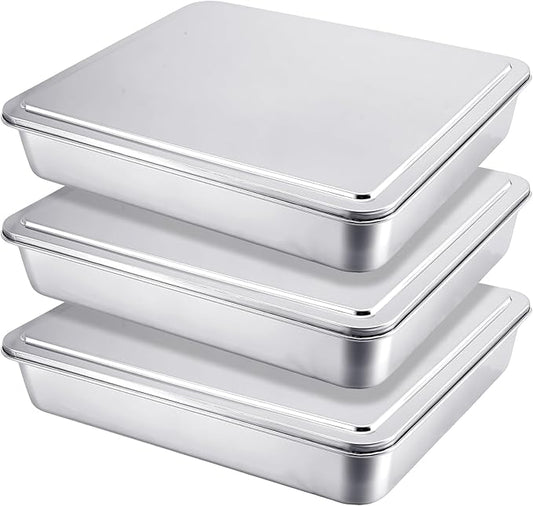Tioncy 3 Set Stainless Steel Covered Cake Pan with Lid 11 x 9 Inches Rectangle Sheet Baking Pan with Covers Bakeware with Lids for Cakes Breads Casseroles Fish Vegetables and More