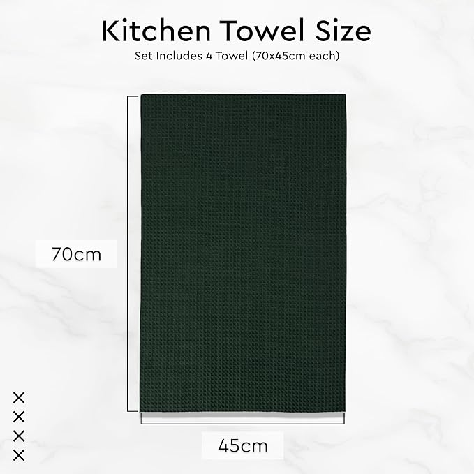 Encasa XO Kitchen Dish Towels Set | Dark Green | Waffle Weave and Flat Hand Tea Towel | 28"x18" | Quick Drying Reusable Cotton Washcloths | Multipurpose Lightweight Dishcloths Set of 4