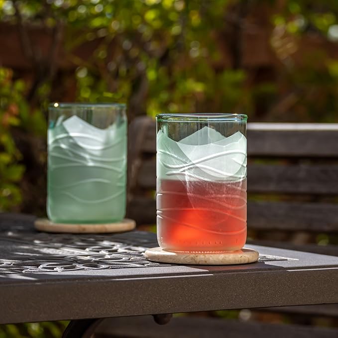 Rolf Glass Glacier Glass 12oz Tumbler | Recycled Glassware | Made in the USA | Antique Green Glass | Eco-Friendly Repurposed Wine Bottles | Set of 4