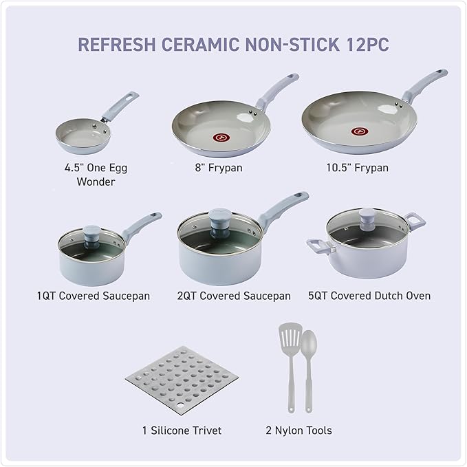 T-Fal Refresh Ceramic Nonstick Cookware Set, 12-Piece Nonstick Cookware, Oven Safe to 350°F, Stockpot, Griddle, Frying Pans, Utensils, Ceramic Pots and Pans Set, Blue