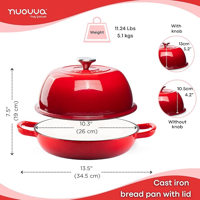 Enamelled Cast Iron Dutch Oven Pot – Dutch Oven For Sourdough Bread Baking – Cast Iron Bread Pot – Red, 6 Quarts, 26cm – by Nuovva