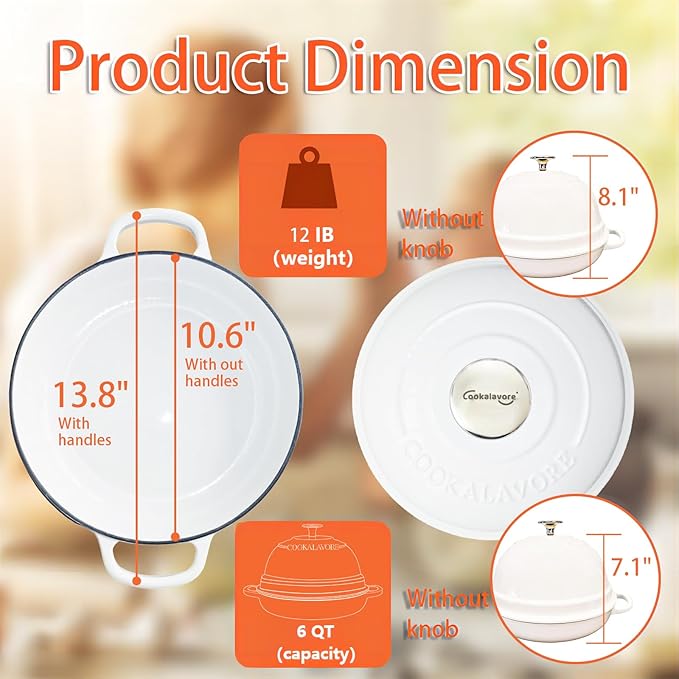 Dutch Oven for Bread Baking,6 Quart Enamel Bread Oven for Sourdough,10.5"Bread Oven with Lid,Bread Pans for Homemade Bread,White Thick Enamel Bread Pan-with Silicone Baking Mat&Recipe,Gifts for Family