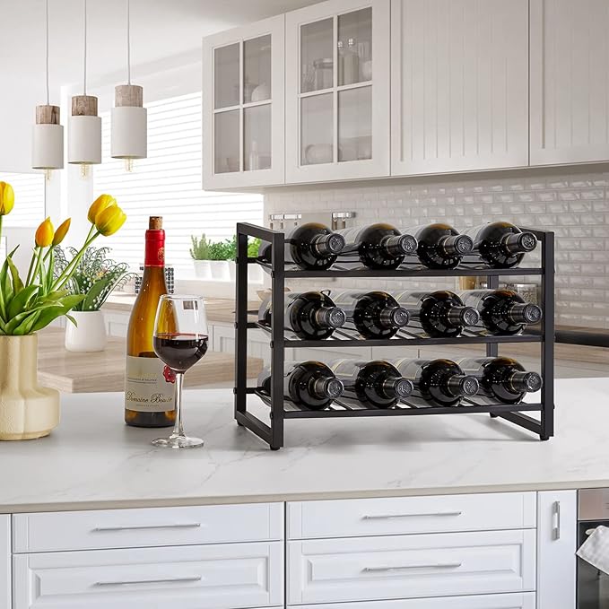 IBUYKE Wine Racks Countertop, 3 Tiers Metal Wine Rack,Wine Rack Freestanding Storage 12 Bottle Capacity, for Home Kitchen, Pantry, Wine Cellar, Bar, Black UTMJ906H