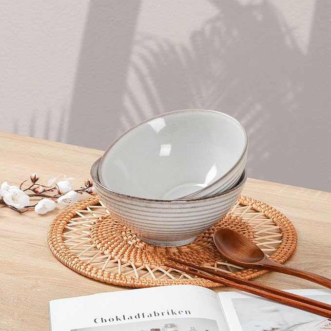 NUTRIUPS Set of 2 Ceramic Ramen Bowls with Spoons & Chopsticks, 40oz Large Soup Bowls for Udon, Miso, Noodles (Classic Stone Gray)