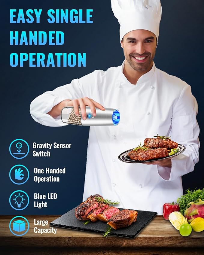 Rechargeable Electric Pepper and Salt Grinder Set, No Battery Needed, whit Gravity Sensing Switch and LED Light, One Hand Automatic Operation, Sliver, 2 Pack