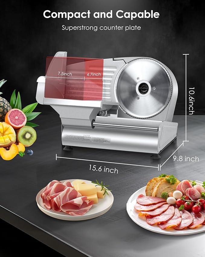 Electric Meat Slicer, Deli Meat Slicer Machine for Home Use with 7.5" Stainless Steel Blade, Adjustable Thickness, Easy to Clean, Cuts Meat, Bread, Cheese, Silver