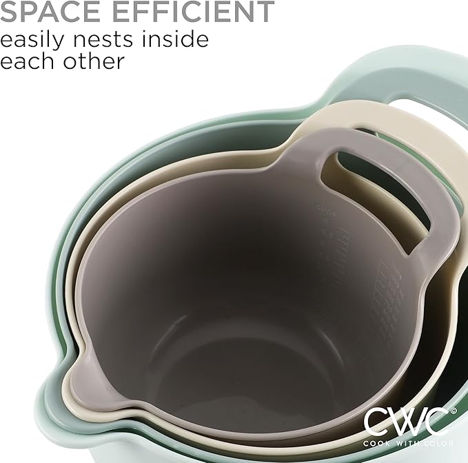 COOK WITH COLOR Nesting Plastic Mixing Bowl Set with Pour Spouts and Handles, Ombre Mint, 4 Piece Non-Slip