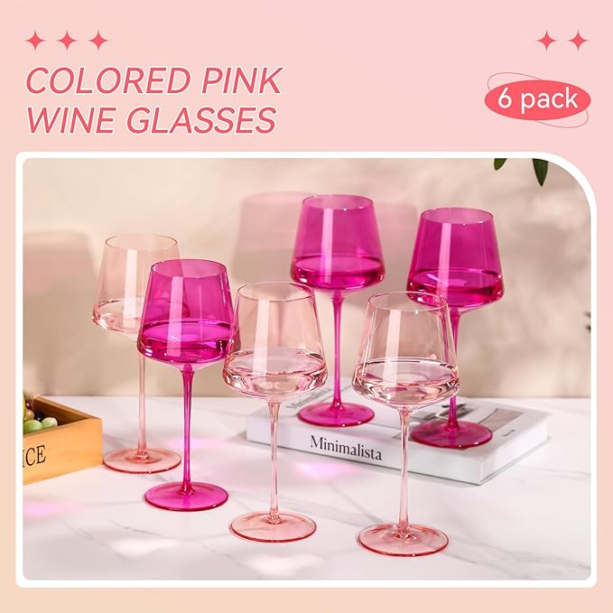 Hot Pink Wine glasses set-Magenta&Blush Pink Colored Wine Glasses Set of 6 Gifts for Women Hand-Blown Colored Morden Crystal Glassware for Lady Bachelorette,Party,Celebration,Birthday