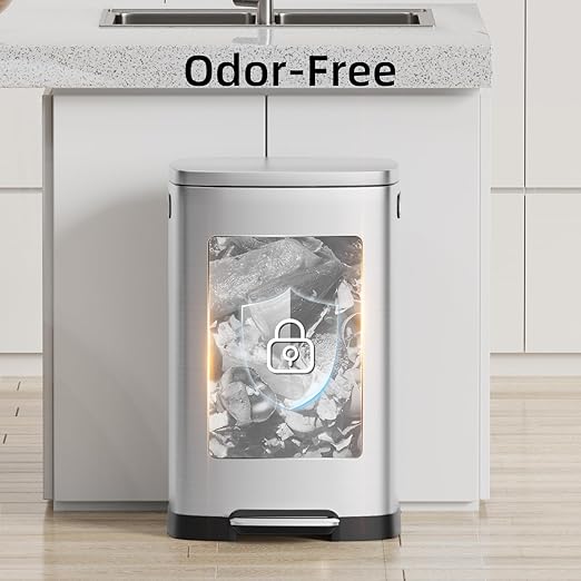 KUK 13 Gallon/50L Stainless Steel Kitchen Trash Can with Lid and Step Pedal-Large Capacity Garbage Bin with Odor Seal, Silent Close Lid, Removable Inner Bucket for Home, Kitchen, Bedroom, Silver
