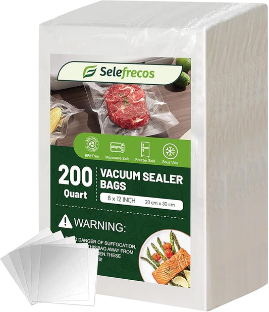 Vacuum Sealer Bags, 200 Quart BPA Free 8x12 Inch Vacuum Seal Bags for Food Saver, Seal a Meal, Weston. Heavy Duty Commercial Grade Vacuum Food Storage Bags for Sous Vide Freezer Vac Storage Meal Prep