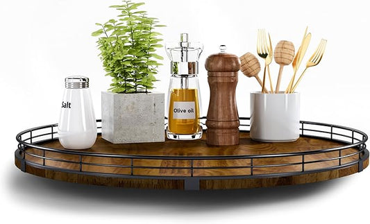 Farmhouse Oak 18" Lazy Susan Turntable Organizer for Cabinet, Round Wooden Lazy Susan Organization and Storage for Dining Table, Pantry, Kitchen, Countertop, Cupboard,Home Decor, Walnut Wood (18")