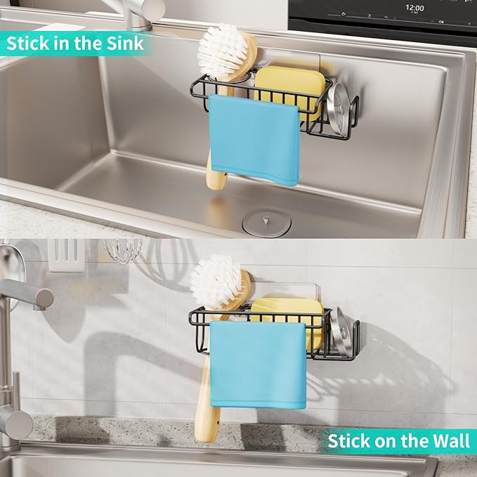 HapiRm 4 in 1 Adhesive Sponge Holder Sink Caddy, SUS304 Stainless Steel Brush Holder + Dish Cloth Hanger + Soap Rack + Sink Stopper Rack, No Drill Kitchen Sponge Caddy - Black