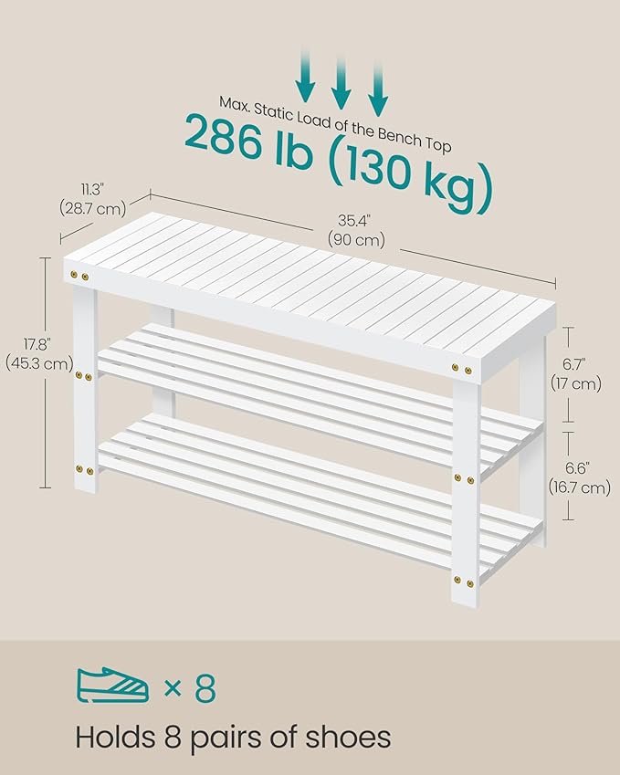 SONGMICS Shoe Rack Bench, 3-Tier Bamboo Shoe Storage Organizer, Entryway Bench, Holds Up to 286 lb, 11.3 x 35.4 x 17.8 Inches, for Entryway Bathroom Bedroom, Cloud White ULBS090W01