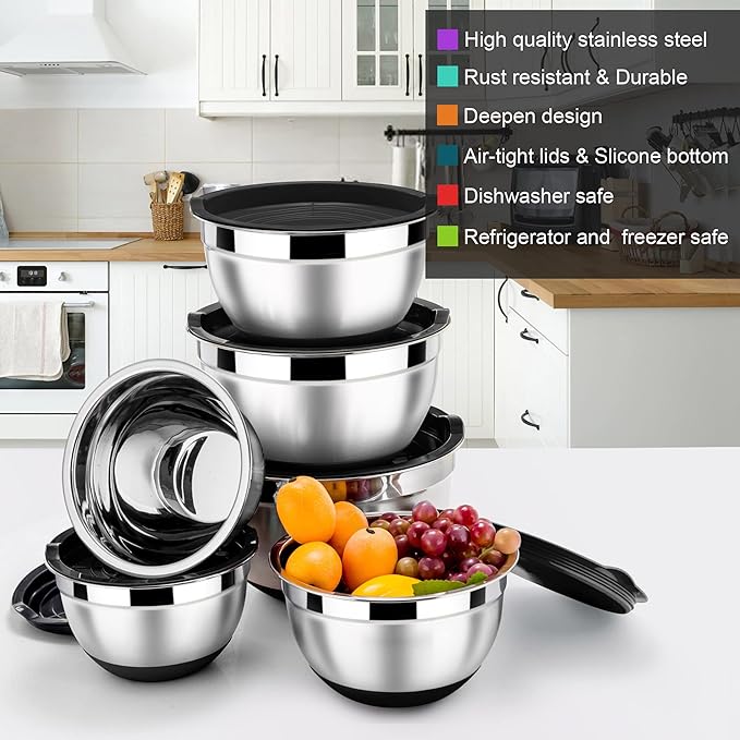LIANYU Stainless Steel Nesting Mixing Bowls Set of 6, Size 7, 3.5, 2.5, 2, 1.5, 1QT, Large Metal Bowls with Airtight Lids, Ideal for Baking Cooking Food Storage, Non-slip Bottom, Black