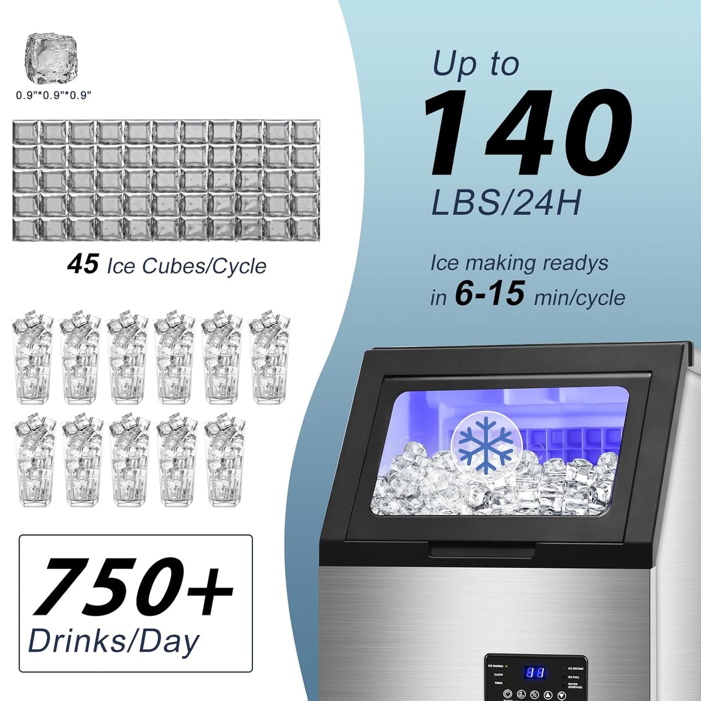Commercial Ice Maker Machine 140LBS/24H with 30LBS Storage Bin, Stainless Steel Undercounter/Freestanding Ice Maker Machine for Home Bar Outdoor, 45PCS Ice Cubes Ice Machine, Self Cleaning