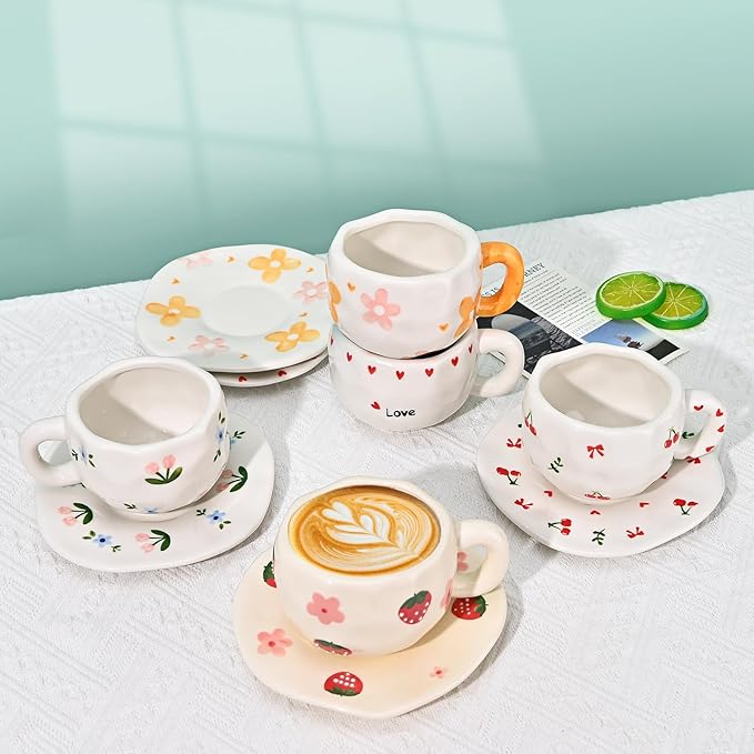 Koythin Ceramic Coffee Mug with Saucer Set, Cute Creative Orange Flower Cup Unique Irregular Design for Office and Home, 10 oz/300 ml for Latte Tea Milk
