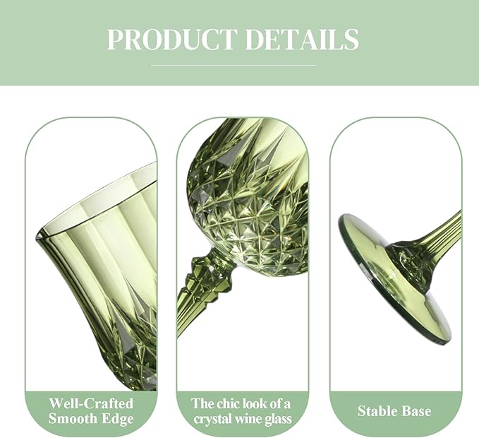 XUWAIDSGN 48 Pcs 7oz Plastic Vintage Wine Glasses Drinking Glasses Unbreakable Wedding Glassware Crystal Water Goblets Reusable Drinkware Vintage Champagne Flutes (48, Dark Green)
