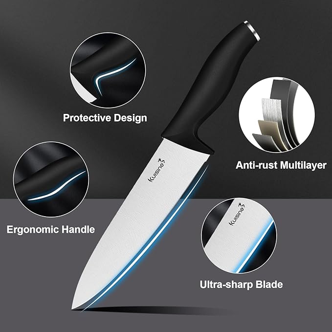 Kuisine Kitchen Knife Set,High Carbon Stainless Steel Ultra Sharp Blade Ergonomic Handle,Knife Set with Block Built-in Sharpener(15PCS,Black)