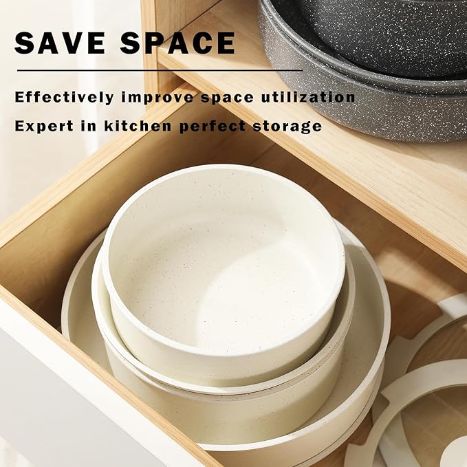 Gray Non Stick Pot and Pan Set with Removable Handle, Ceramic Cookware Set Detachable Handle, 5pcs Induction Kitchen Camping Stackable Pots Pans, Dishwasher/Oven Safe, PTFE/PFAS/PFOA Free