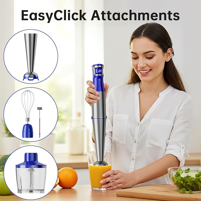Immersion Blender Handheld Corded Hand Blenders Set 1100W, Trigger Variable Speed 5 in 1 Stick Emulsifier with Chopper, Whisk and Frother for Soup, Baby Food and Smoothies, Royal Blue