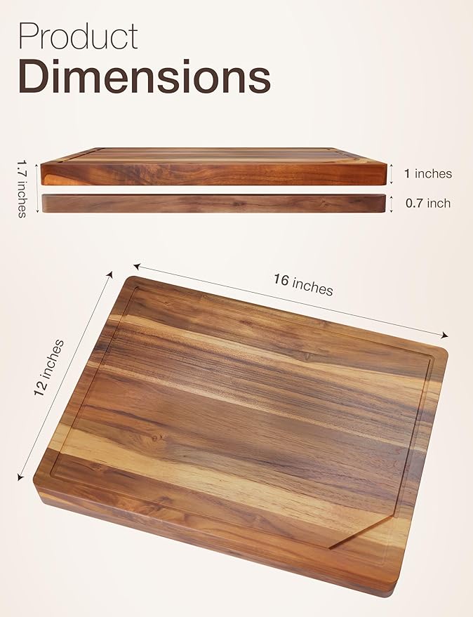 Teak Wood Cutting Board with Lip - 16” x 12” Wooden Chopping Boards for Kitchen - Serving Platter, Pastry Board, Wooden Cutting Board with Counter Lip, Handles - Teak, Juice Groove, Removable