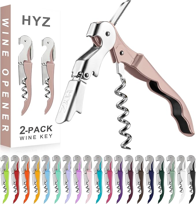HYZ 2-Pack Wine Opener Waiter Corkscrew, Professional Wine Key for Servers, Bartender with Foil Cutter, Manual Wine Bottle Opener Double Hinged (Dark Pink)
