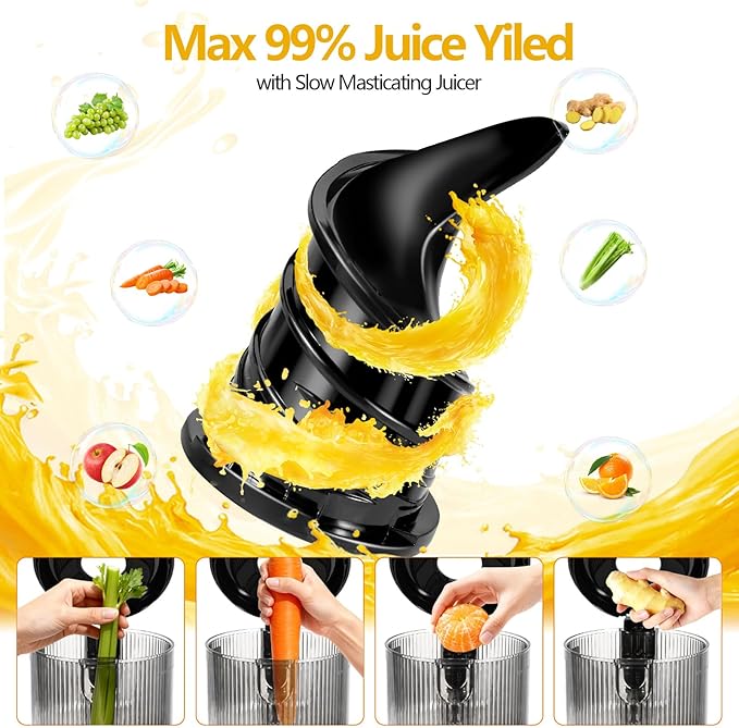 Cold Press Juicer with 5.8" Extra Wide Feed Chute - Slow Masticating Juicer Machine for Whole Fruits & Vegetables - High Juice Yield, Self Feeding, Easy to Clean & Assemble