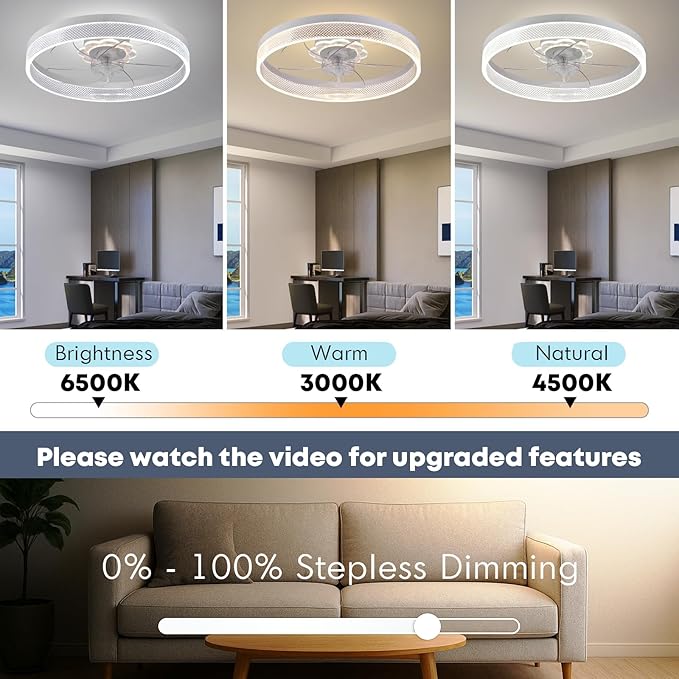 20‘’ Ceiling Fan with Light, Upgraded Low Profile Fan, Flush Mount Ceiling Fan, 6 Speeds, Dimmable LED, App & Remote Control, Quiet DC Motor, for Bedroom, Living Room, F093 White-D