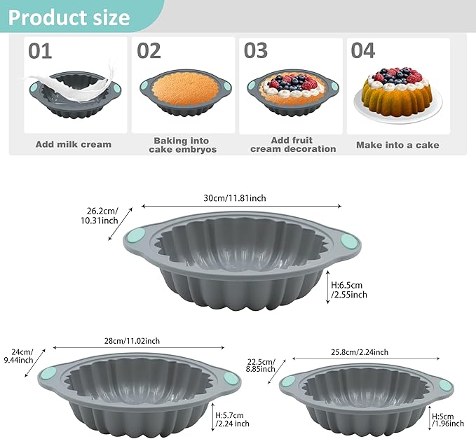 3-Piece Silicone Round Cake Pan Set, Metal-Frame Non-Stick Baking Trays, Jelly Molds, Non-Stick Grooved Cake Molds, Suitable for Breads, Meat Patties, Cakes, 5/7/9 Cups, Light Gray