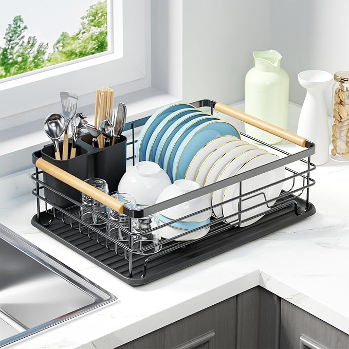 Dish Racks for Kitchen Counter: Wooden Handles, Thickened Metal, No Assembly. Small Dish Drying Rack: Ideal for Small Households. Drying Rack Kitchen: Black