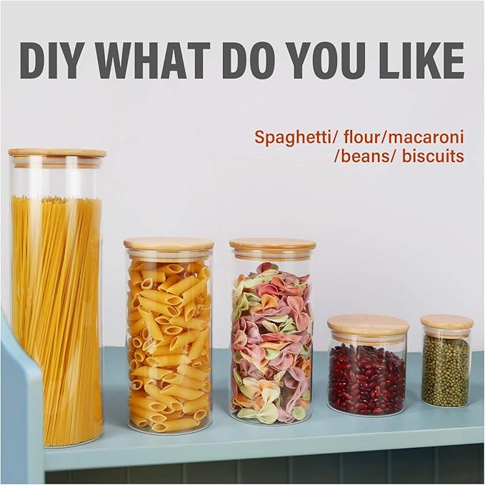 DHSBTLS 6 oz Glass Jars with Bamboo Lids, Borosilicate Glass Airtight Canisters sets, Food Storage Container, Pantry Organization and Storage Jars, Kitchen Spice Jars of 15