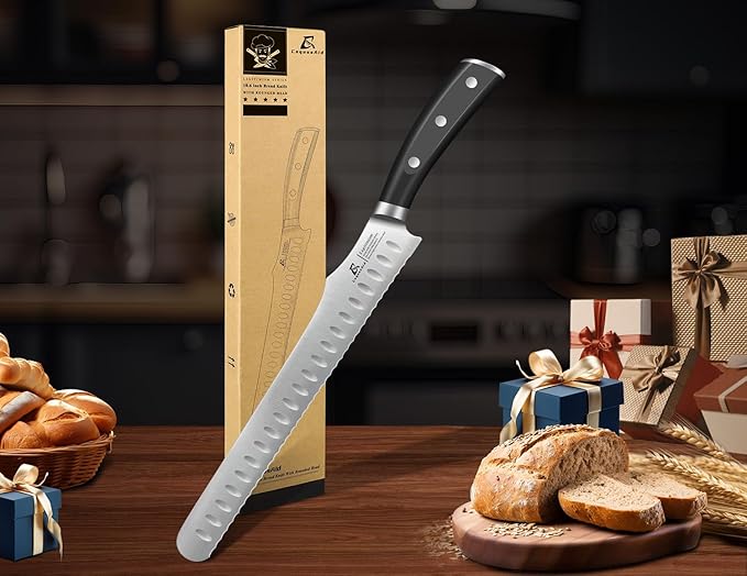 Bread Knife for Homemade Bread, 10.6 Inch Multifunction Serrated Knife, Razor Sharp Slicer, Forged High Carbon German Steel, Full Tang Ergonomic Handle Design for Sourdough Turkey Fruit