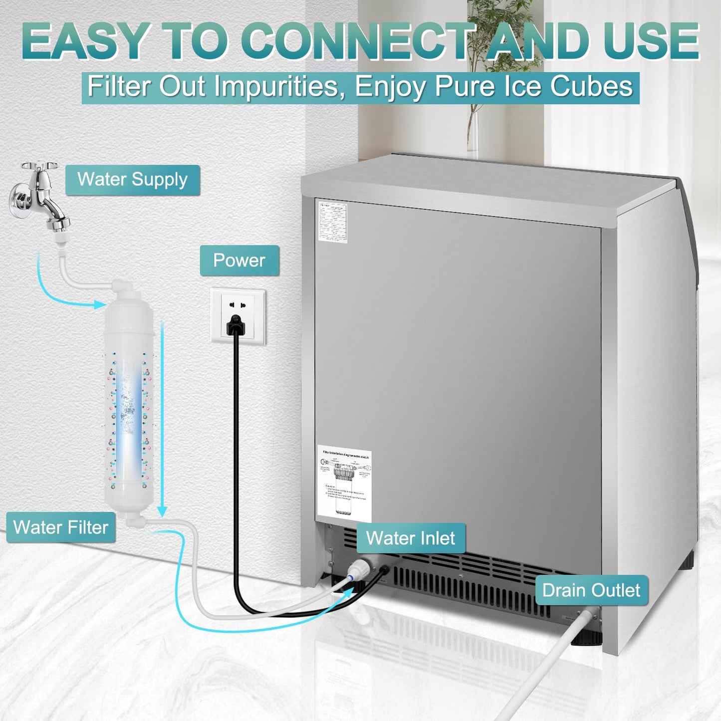 Commercial Ice Maker 260Lbs/24H, Ice Machine 72pcs Ice Cubes, Freestanding Ice Maker Machine with Water Line and Filter, 55Lbs Storage Ice Bin, Stainless Steel Undercounter Ice Maker for Home,Shop,Bar