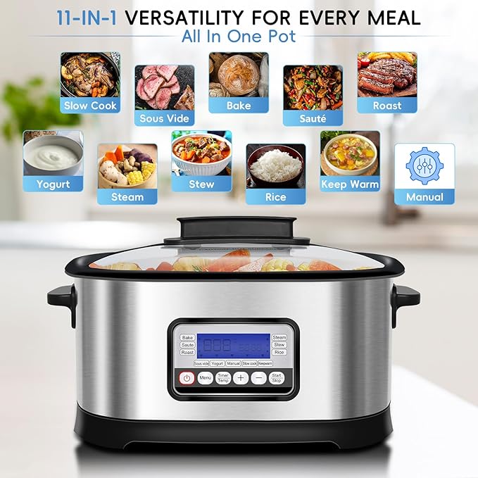 6.5 Quart Multi Cooker 11-in-1, Programmable Slow Cooker With Bake, Sauté, Roast, and Sous Vide functions, 1500W Timer & Temperature Control, Dishwasher Safe Lid & Nonstick Inner Pot