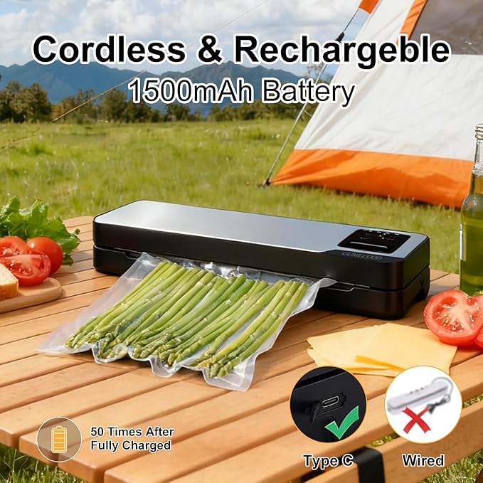 Cordless Food Vacuum Sealer Machine, 75Kpa Strong Suction, Rechargeable Dry & Moist Food Modes Food Sealer, Compact, Stainless Steel, Built-in Cutter for Home Kitchen Camping Fishing Picnic