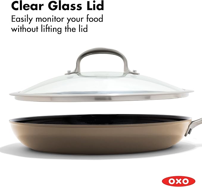 OXO Enhanced 12” Nonstick Frying Pan Skillet with Lid, Ceramic PFAS-Free Cookware, Stainless Steel Handle, Eggs & Omelets, Dishwasher & Oven Safe, Biscuit Brown