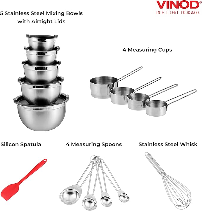 Vinod Cookware Heavy Duty Flat Bottom Stainless Steel Mixing Bowls with Lids, Measuring Cups, Measuring Spoons, Spatula & Stainless Whisk - Bowls for Meal Prep, Cooking, Mixing & Serving - Set of 5