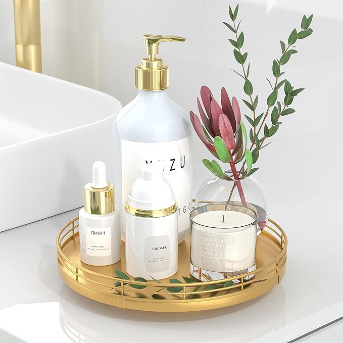 9" Gold Lazy Susan for Table Top, Oak Wood Lazy Susan Turntable Organizer for Dining Coffee Table Centerpiece Bar Decor Kitchen Countertop Bathroom Vanity Decorative Tray for Perfume Jewelry Round