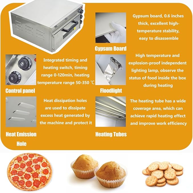 110V Commercial Pizza Oven Single-Deck Electric Countertop Pizza Baking Machine 2KW Stainless Steel Portable Oven with Time Control 0-120min for Home and Restaurant