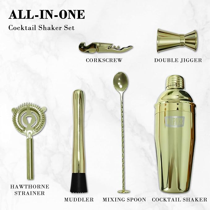 Stainless Steel Cocktail Shaker Set, 24oz/750ml Bartender Kit Includes Strainer and Stir Stick for Home, Bar, Party, Bar Accessories for The Home Bar Set (Gold)